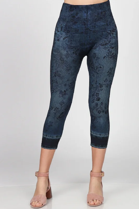 sports legging warm vibes -Denim Floral Cropped Leggings