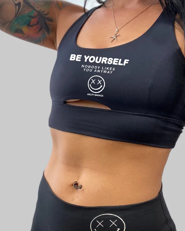 Sports bra with humid jogs -Salty Savage Ladies “Be Yourself” Peekaboo Sports Bra