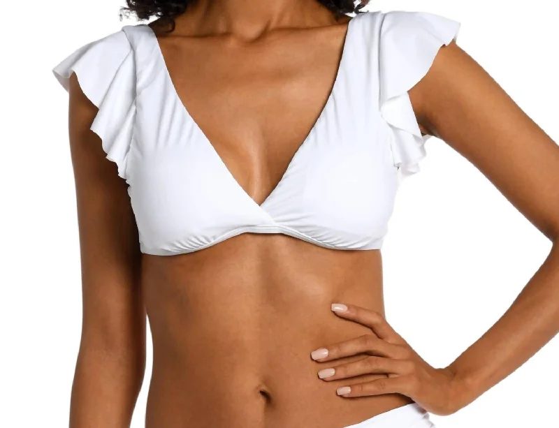 Sports bra with glitter finish -Island Goddess Ruffle Arm Bra Top In White