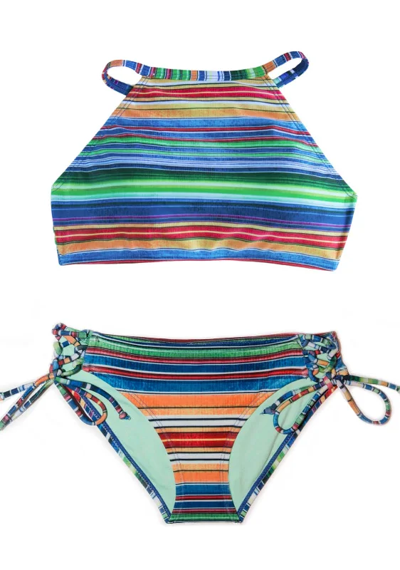 swimwear surf laps -Baja Soul - 2 Piece Halter Top Style Striped Swimsuit SET