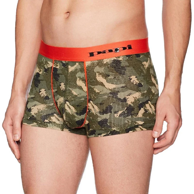 Sports bra for camogie games -Catalyst Camo Brazilian Trunk In Green/cherry Tomato