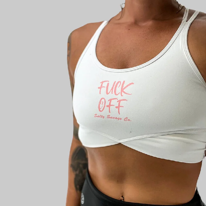 Indigo sports bra for gym -Salty Savage Ladies "Fuck Off" V Cut Sports Bra | Pink