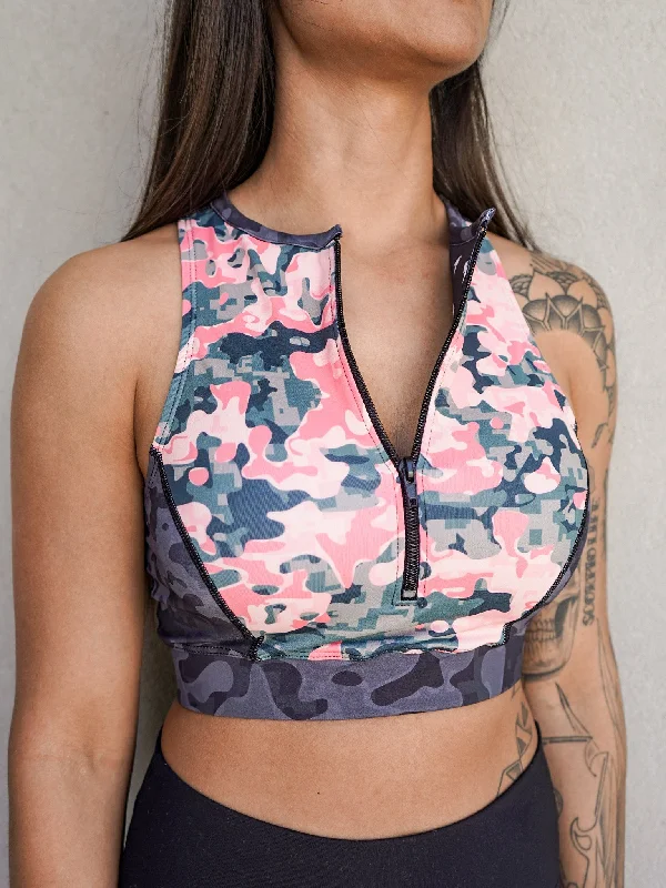 Sports bra for sprint cardio -Coral Camo Zip Up Sports Bra