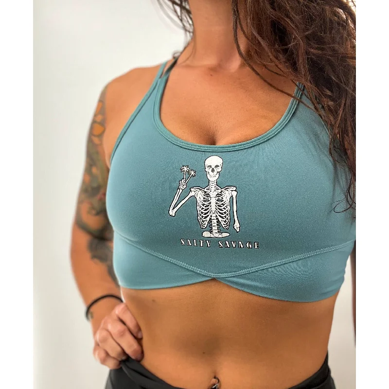 Sports bra with thick elastic -Salty Savage Ladies “Peace Skeleton” V Cut Sports Bra | Powder Blue