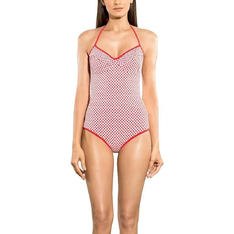 Sports bra with loop straps -Dot Jacquard Bra Halter One Piece In Red/white