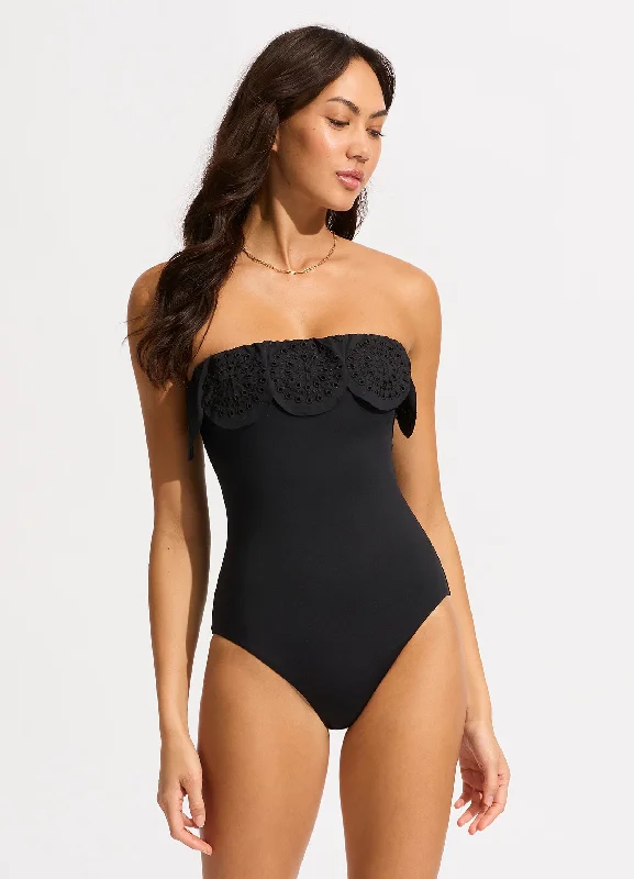 swimwear plush weave -Lulu Bandeau One Piece with Flounce - Black