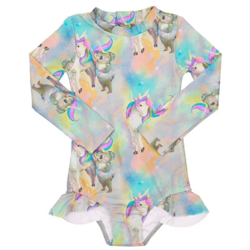 swimwear warm vibes -Rainbow Unicorn and Koala Girls Front Zip Swimmers