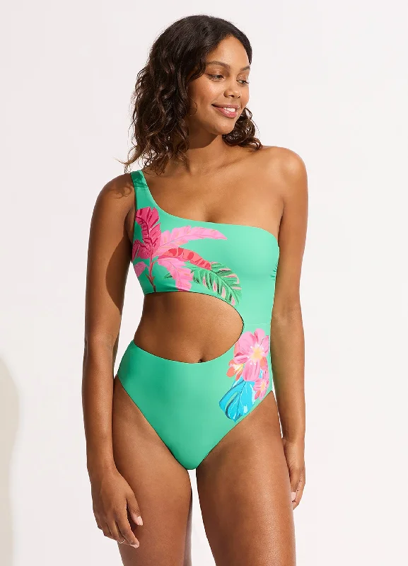 swimwear sleek vibes -Tropica One Shoulder Cut Out One Piece - Jade