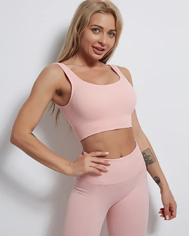 Sports bra with coil cups -Rozy Ribbed Sports Bra - Pink