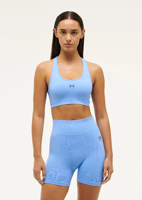 Sports bra with orbit straps -RESTORE SEAMLESS SPORTS BRA IN CORNFLOWER BLUE