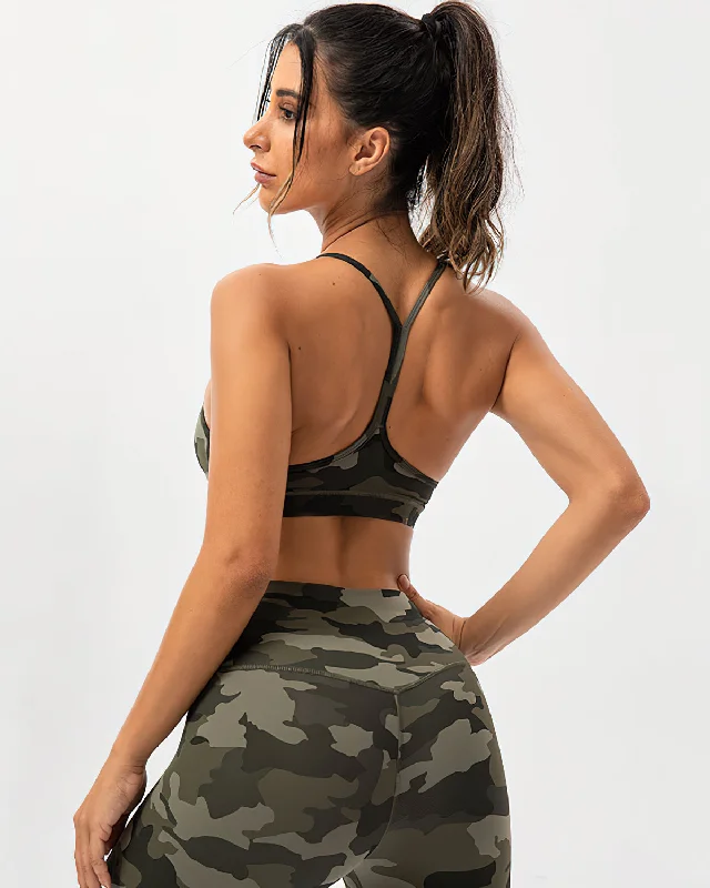 Sports bra with glitter finish -Harper Camo Y Sports Bra - Olive