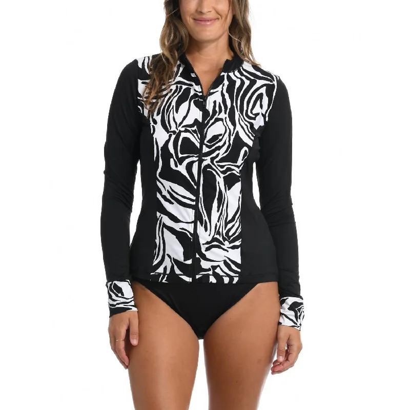 Sports bra with bow-tie back -Abstract Zebra Rashguard In Black/white