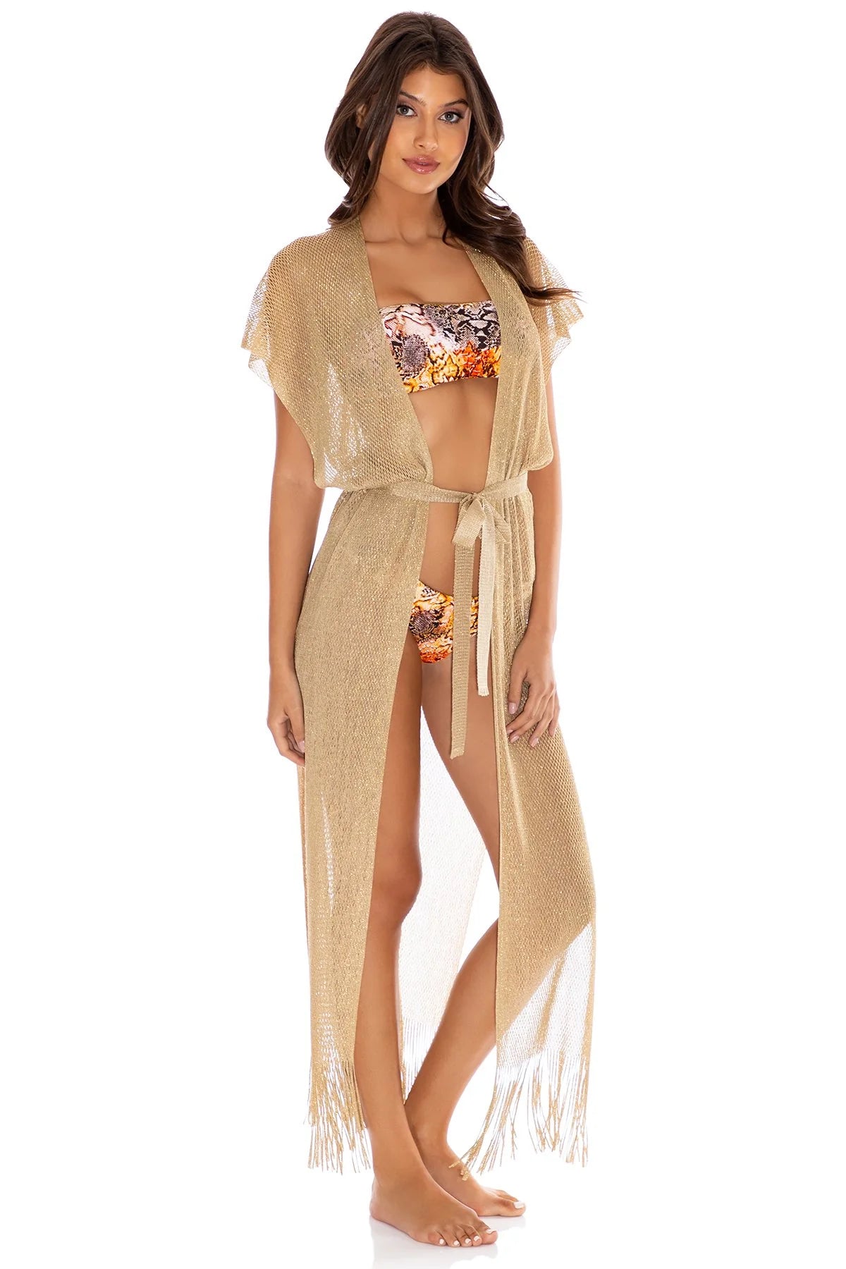 swimwear plush flair -Luli Fama Gold Rush Fringe Long Caftan