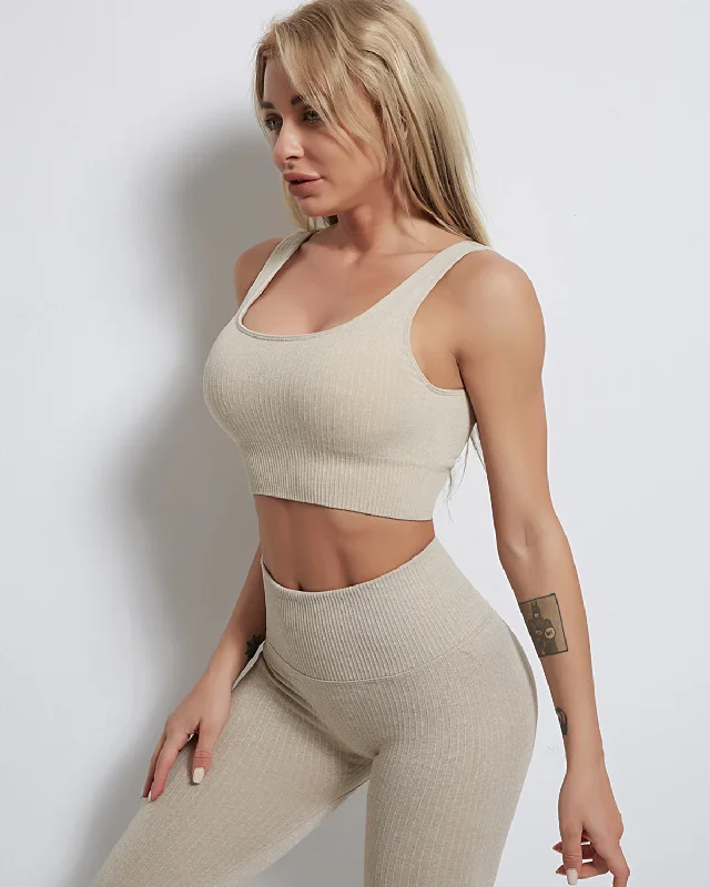 Sports bra with wide band -Rozy Ribbed Sports Bra - Khaki