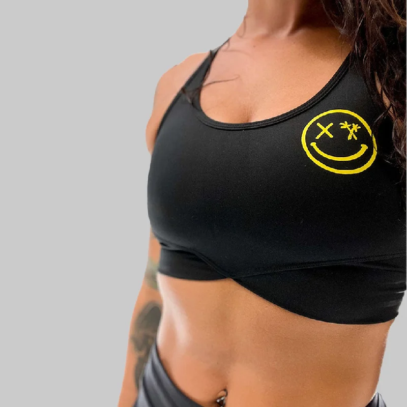 Sports bra with thick fit -Salty Savage Ladies “Spliced Smile” V Cut Sports Bra | Yellow