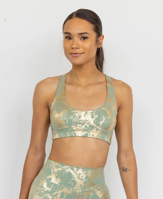 Sports bra with knot band -Astoria LUXE METALLIC Series Sports Bra - Taupe Green