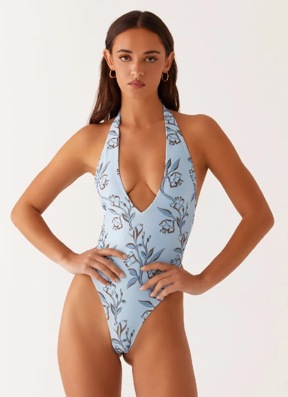 taupe swimwear one piece -Delia One Piece Swimsuit - Blue Floral Print