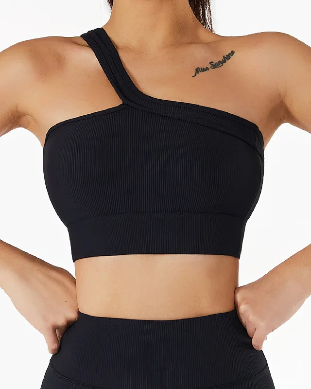 Sports bra with sheer straps -Eryn One-Shoulder Sports Bra - Black