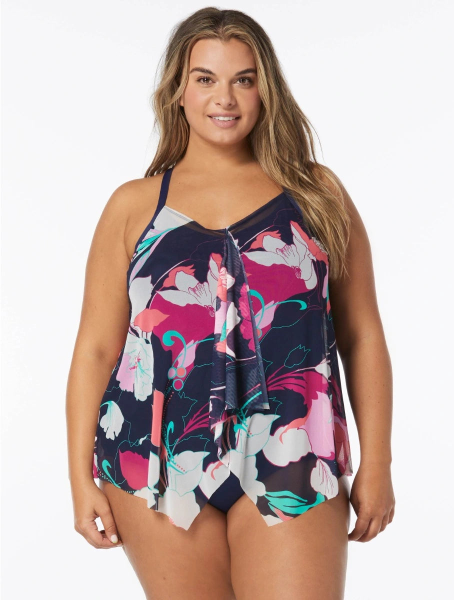 Sports tank top with sheer sides -Beach House Plus Avalon Floral Kerry Mesh Layer Tankini Top