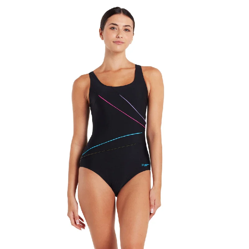 swimwear plush vibes -ZOGGS Womens Ladies Macmasters Black/Multi Scoopback