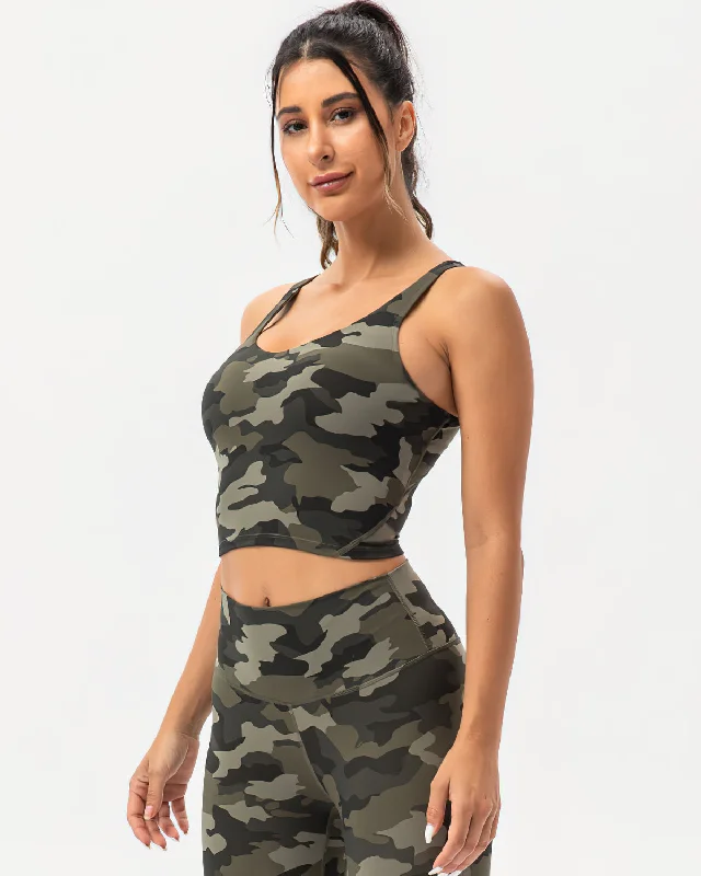 Sports bra with orbit straps -Harper Camo Sports Bra - Olive