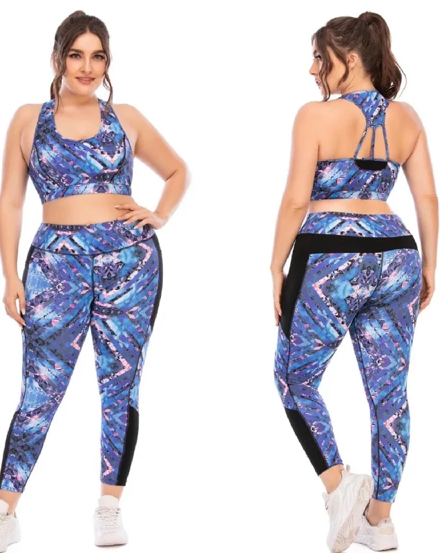 Sports bra with lattice cups -Vibrant Blue Muti-Color Print 2-Piece Set