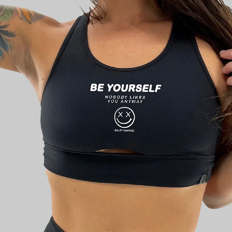 Sports bra with ring workouts -Salty Savage Ladies “Be Yourself” Peekaboo Sports Bra | Cocoa Beach Performance