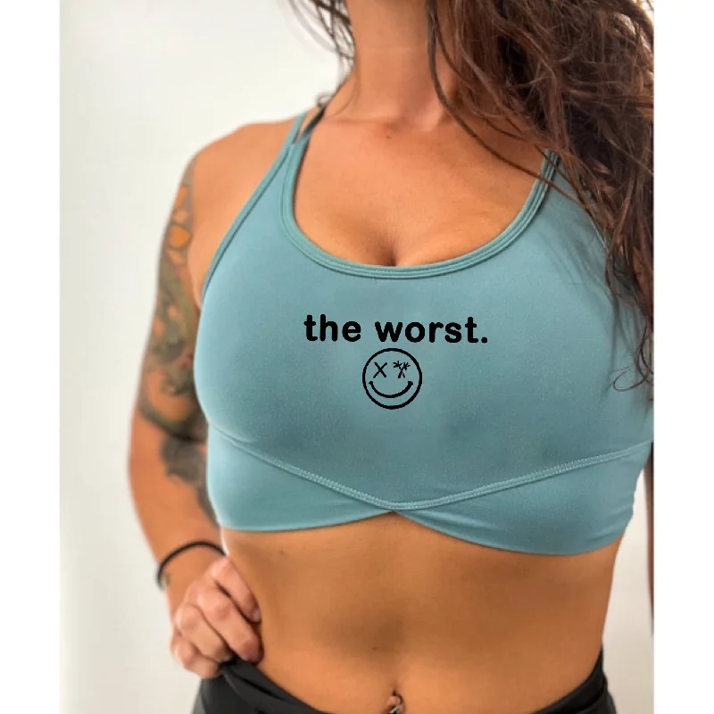 Maroon sports bra with vents -Salty Savage Ladies “the worst” V Cut Sports Bra | Powder Blue