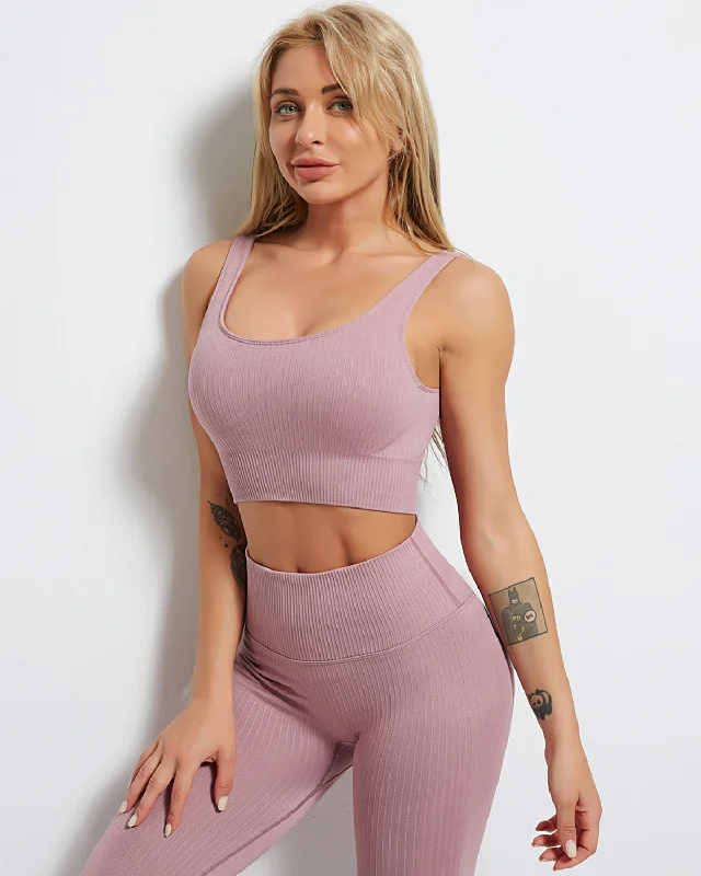 Sports bra with snug straps -Rozy Ribbed Sports Bra - Rose