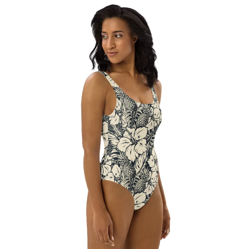 swimwear mild laps -BLACK HIBISCUS ONE-PIECE SWIMSUIT