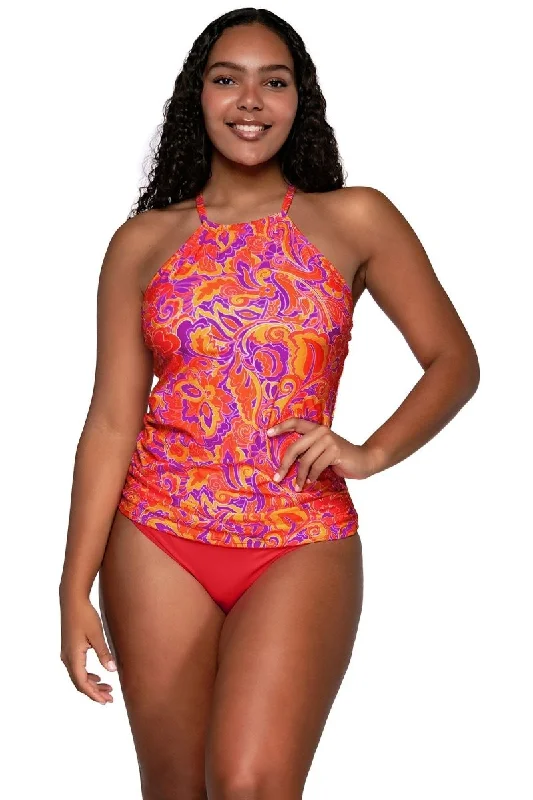 Sports tank top with lattice trim -SUNSETS ESCAPE HARLOW PRINTED HIGH NECK TANKINI