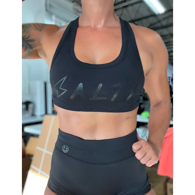 Sports bra for gentle fitness -Salty Savage Ladies “SALTY” Bold Basic Racerback Sports Bra | Black on Black