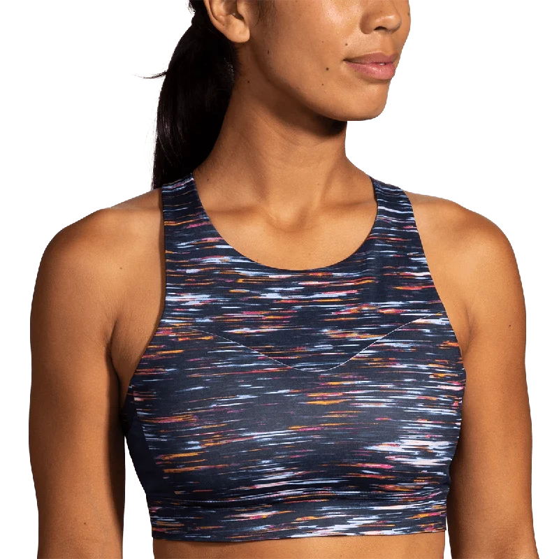 Sports bra with lattice fit -Brooks Drive 3 Pocket Run Bra - Sundial Velocity Print