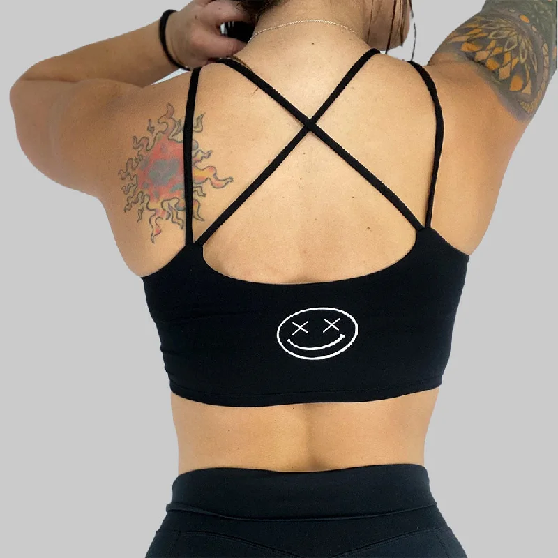 Sports bra with firm straps -Salty Savage Ladies “OG Smile” Cross Back Longline Sports Bra | Black