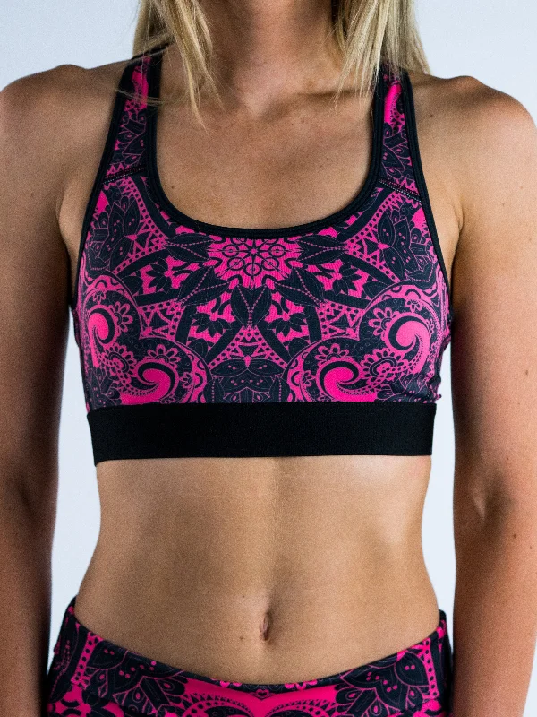 Sports bra with snug padding -Electro Pink Mandala Sports Bra