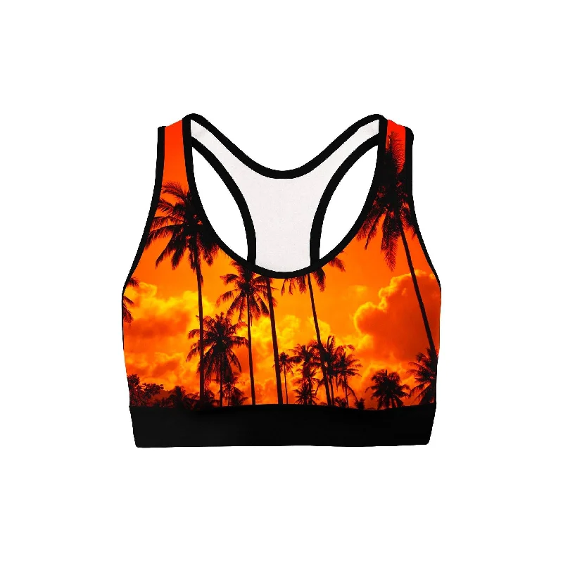 Sports bra with split cups -Palm Tree Sunset Sports Bra