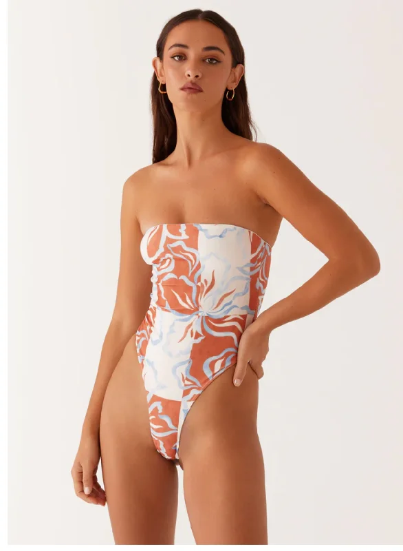 swimwear side flair -Maxine Strapless One Piece Swimsuit - Orange Blue Floral