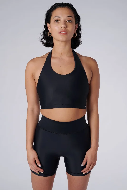 Sports top with sheer shape -Iris Halter Crop Top | Recycled Nylon | Black