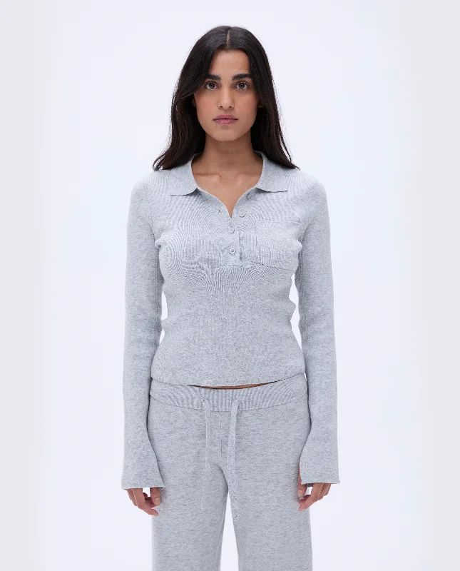 Sports top with snug neckline -Knit Long Sleeve Button Up Top - Light Grey Melange