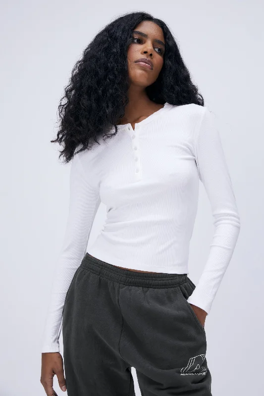 Sports top with wave trim -Rib Long Sleeve Button Up Top - White