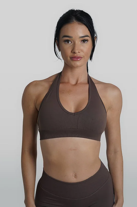 Sports top with firm neckline -RECOIL HALTER CROP - ESPRESSO