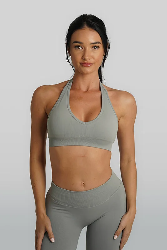 Sports top with swirl neck -RECOIL HALTER CROP - LIGHT GREY