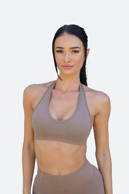 Sports top with split trim -RECOIL HALTER CROP - COFFEE