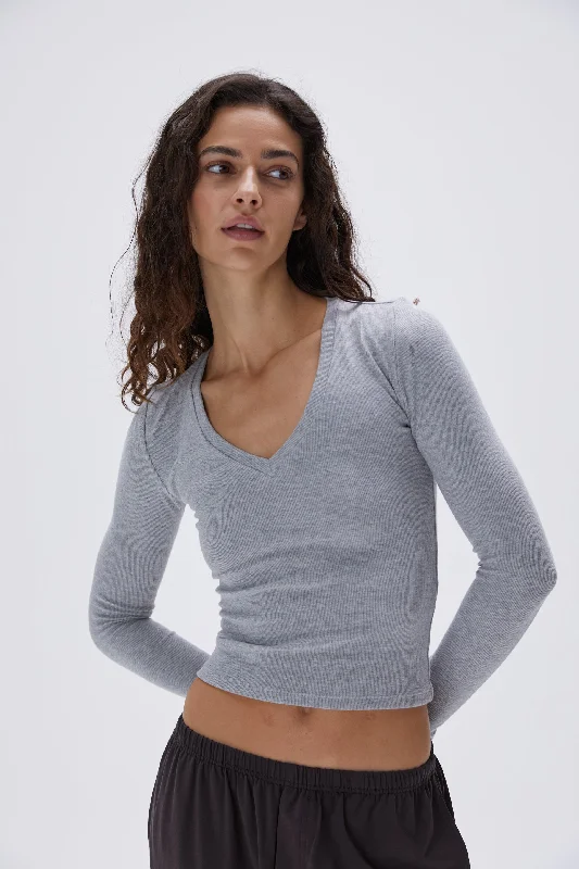 Sports top for bandy games -Rib V-Neck Long Sleeve Top - Grey Melange