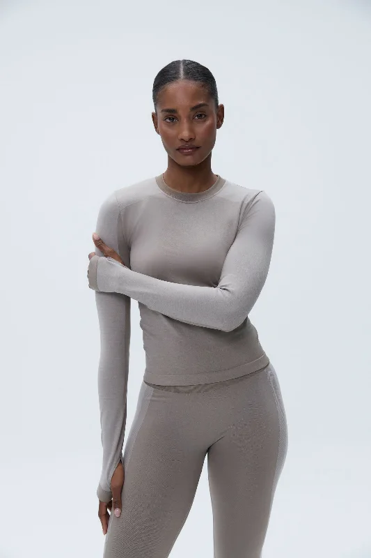 Sports top with hoop trim -Seamless Base Layer Long Sleeve Top - Brown