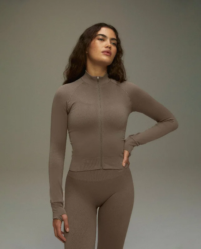 Sports top for snowy trails -Seamless Long Sleeve Full Zip Top - Cocoa Brown