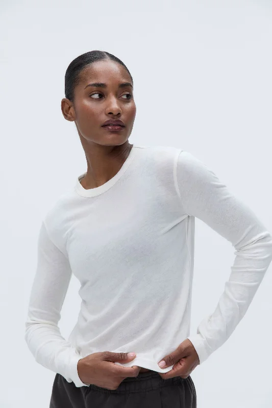 Sports top with molded shape -Sheer Long Sleeve Scoop Top - Marshmallow White