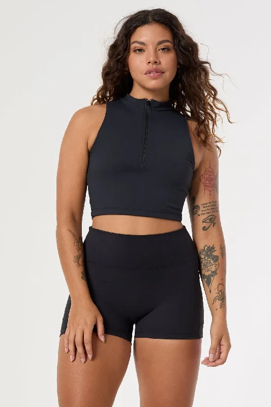 Sports top for windy runs -Siv Half Zip Crop Top | Recycled Polyester | Black