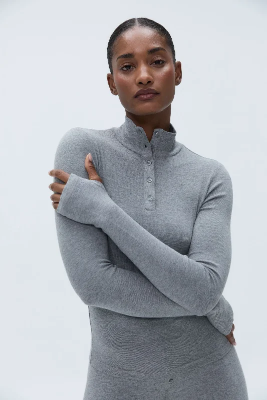 Sports top with tie trim -Thermal Long Sleeve Henley Top - Grey Melange