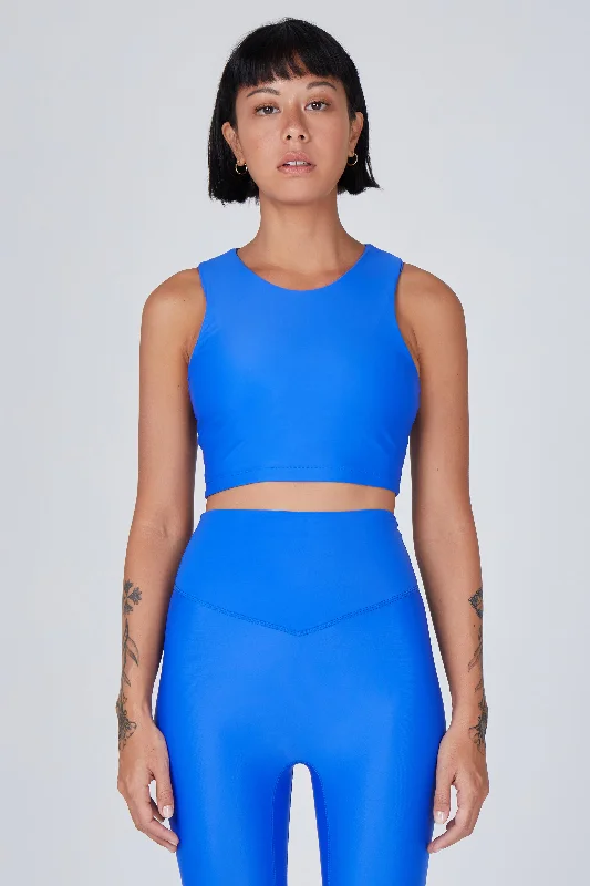 Sports top with loop shape -Tula High Neck Racer Back Crop Top | Recycled Nylon | Lapis